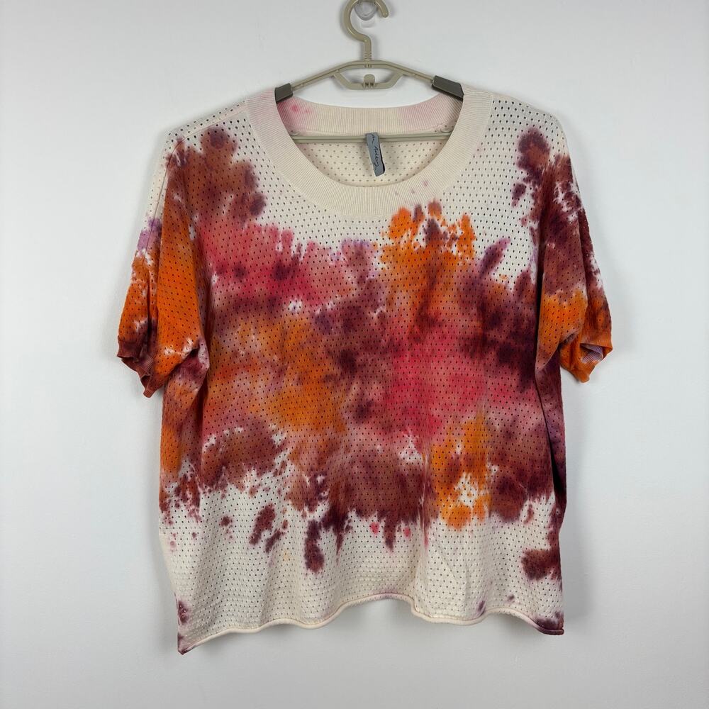 Cynthia Ashby Short Sleeve Perforated Sweater Tie Dye Purple Pink Orange OS